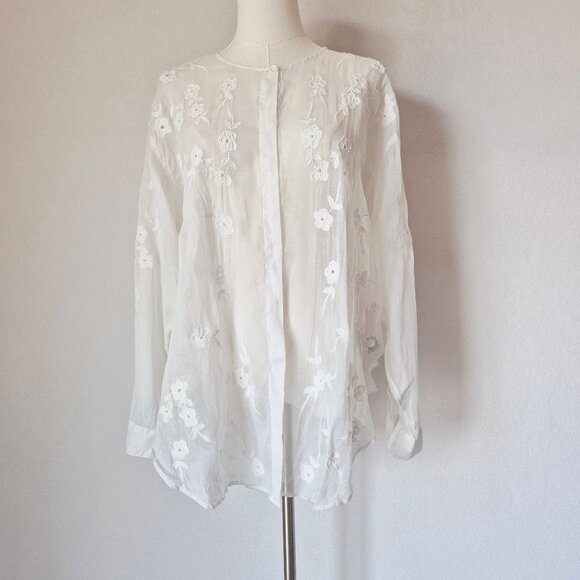Kiko Comfortable Clothing Embroidered Blouse Sheer White Cotton Button-Front - Picture 1 of 14